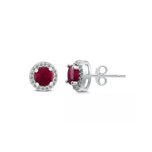 10k White Gold Plated 1 Ct Round Created Ruby Halo Stud Earrings