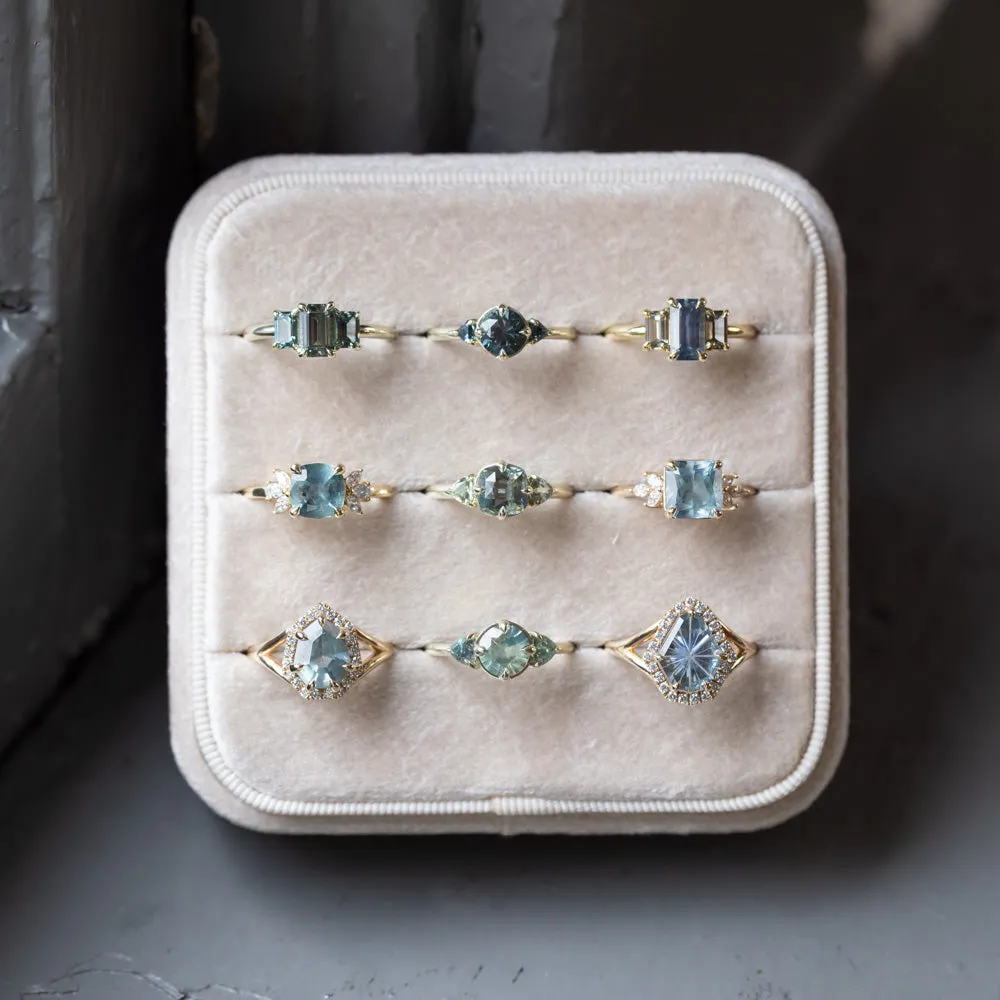 1.10ct Round Deep Teal Green Sapphire and Trillion Parti Sapphire Low Profile Ring in 14k Green Gold
