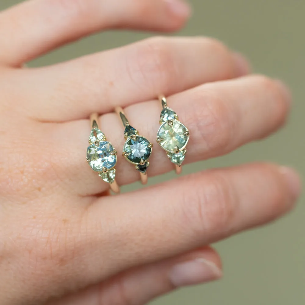 1.10ct Round Deep Teal Green Sapphire and Trillion Parti Sapphire Low Profile Ring in 14k Green Gold
