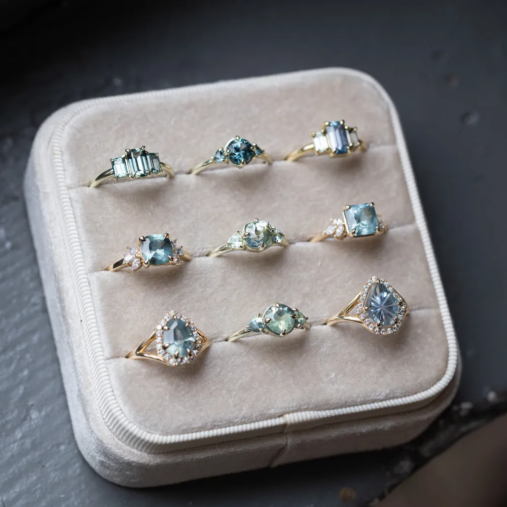 1.10ct Round Deep Teal Green Sapphire and Trillion Parti Sapphire Low Profile Ring in 14k Green Gold