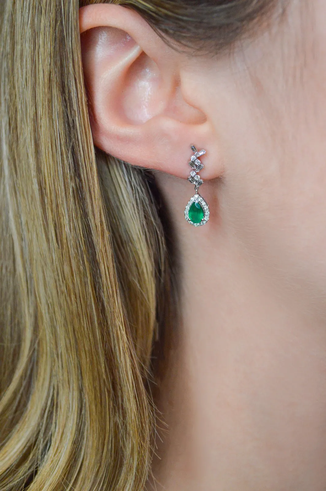 1.13ct Diamond Emerald 14K Gold Dangle Drop Earrings