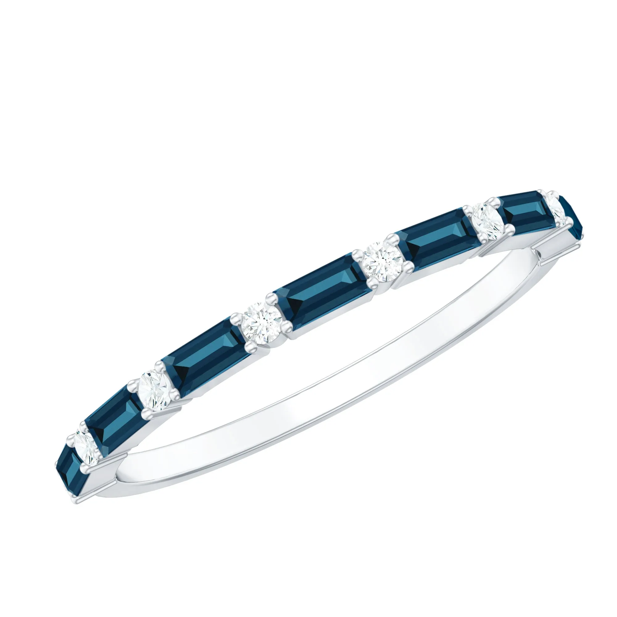 1/2 CT Baguette London Blue Topaz and Diamond Half Eternity Stackable Ring