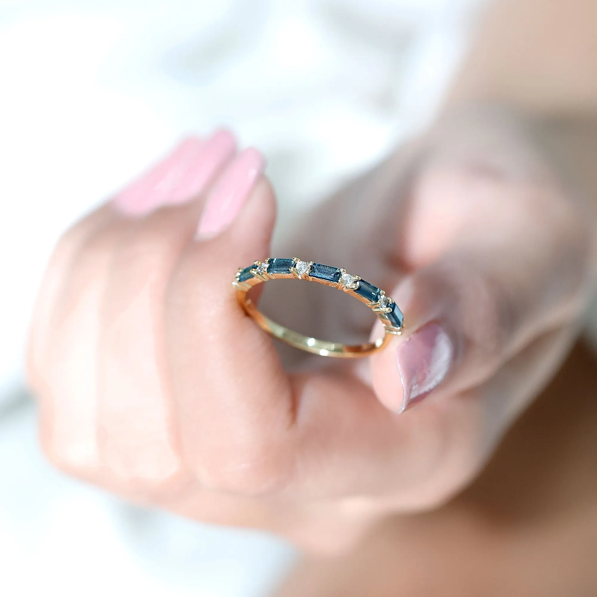 1/2 CT Baguette London Blue Topaz and Diamond Half Eternity Stackable Ring