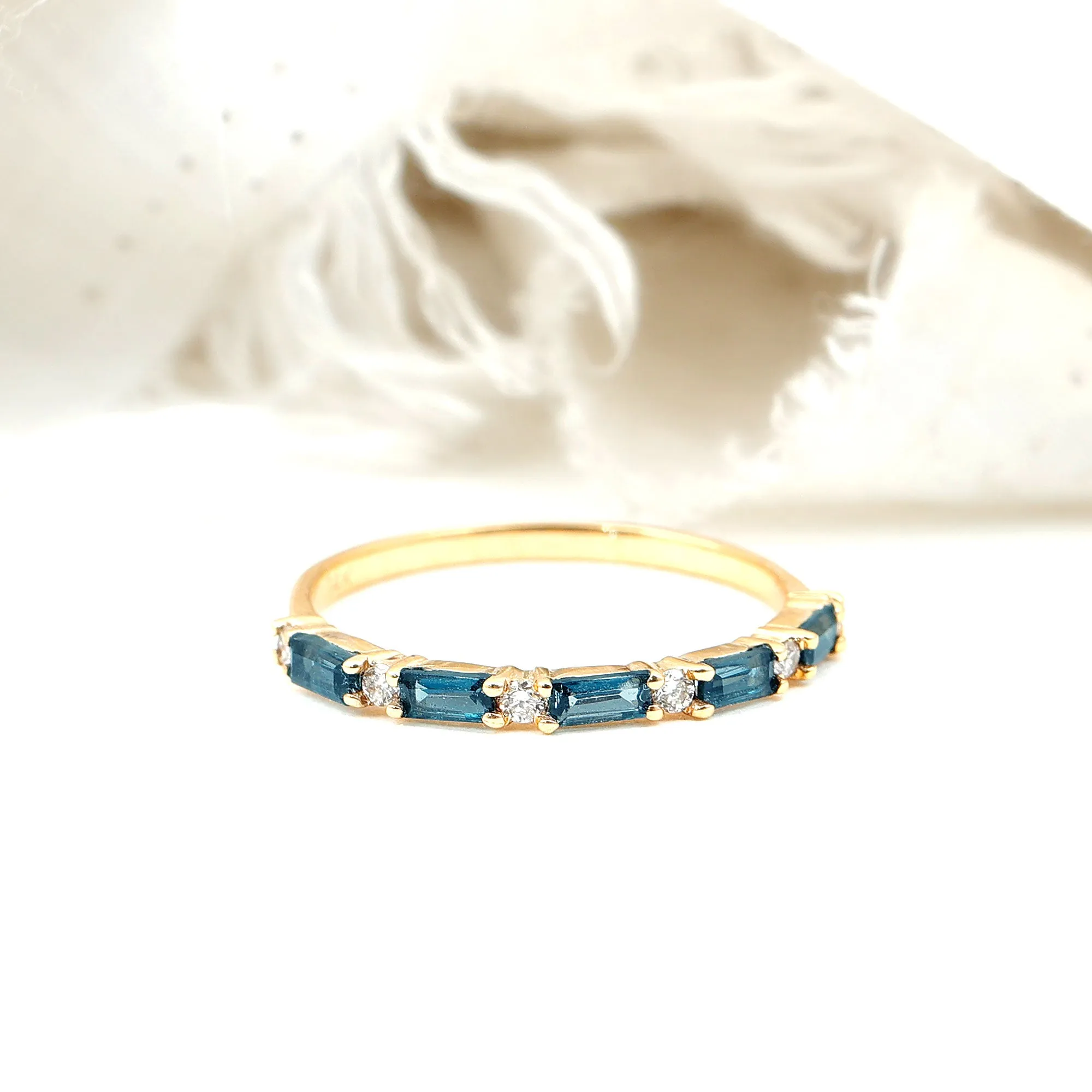1/2 CT Baguette London Blue Topaz and Diamond Half Eternity Stackable Ring