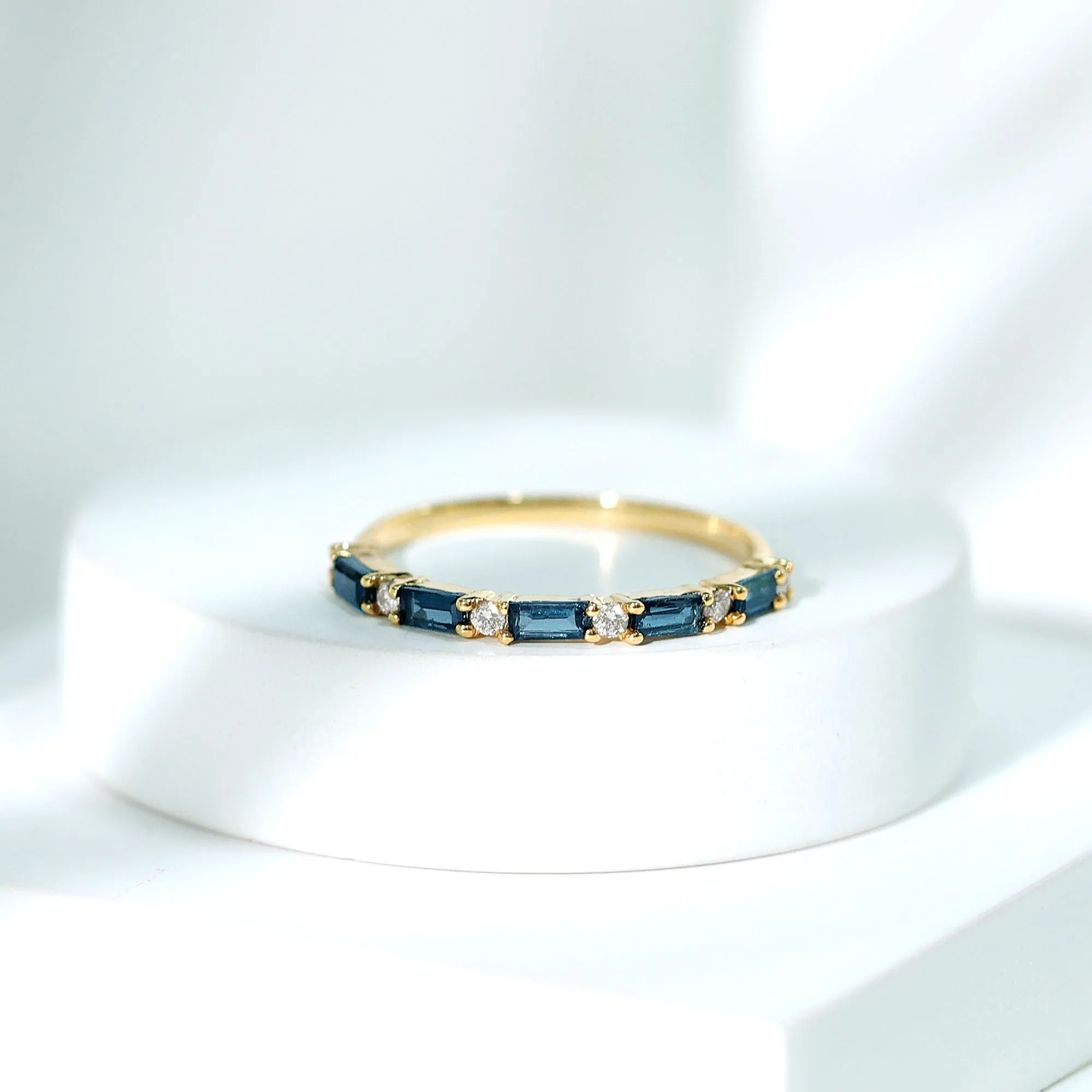 1/2 CT Baguette London Blue Topaz and Diamond Half Eternity Stackable Ring