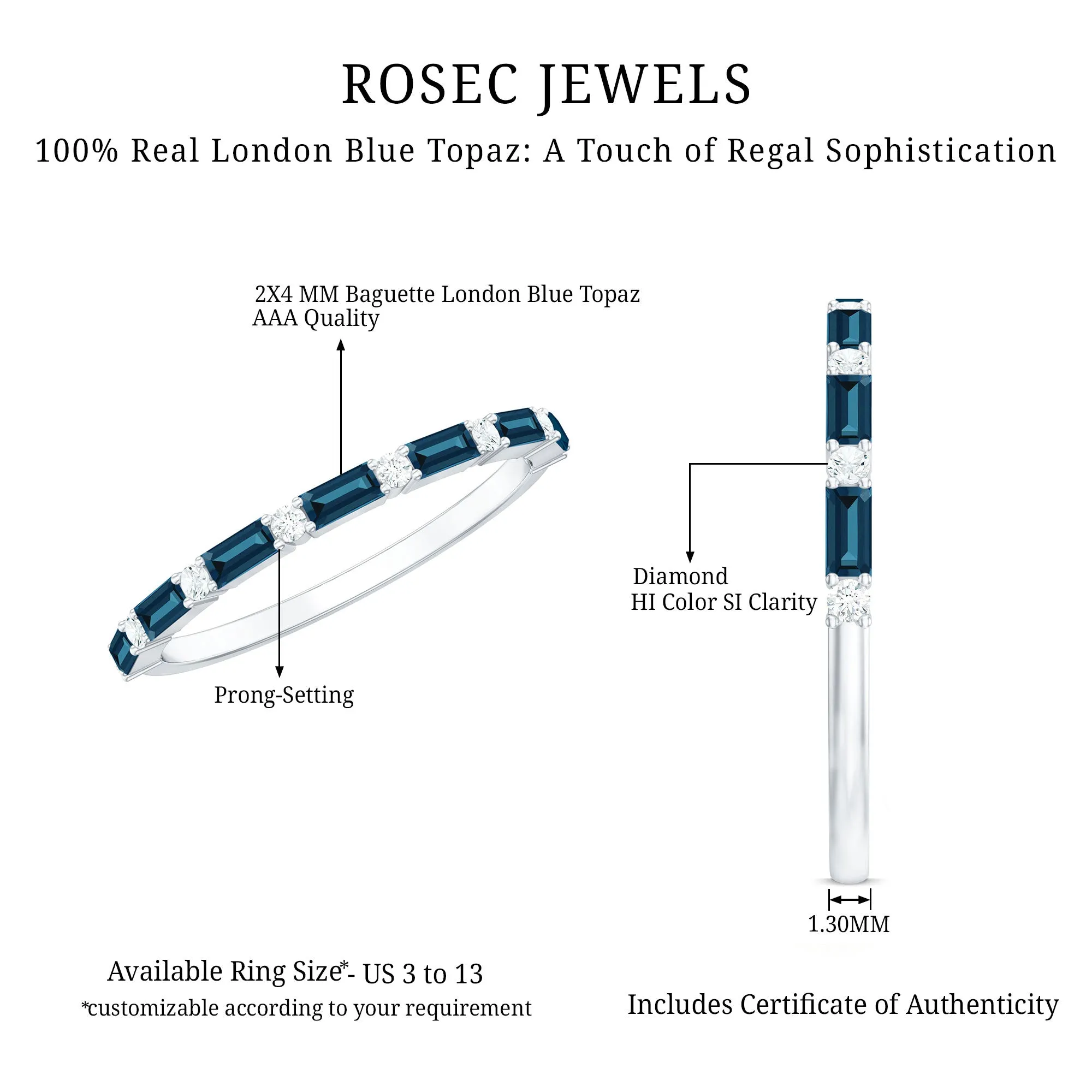 1/2 CT Baguette London Blue Topaz and Diamond Half Eternity Stackable Ring