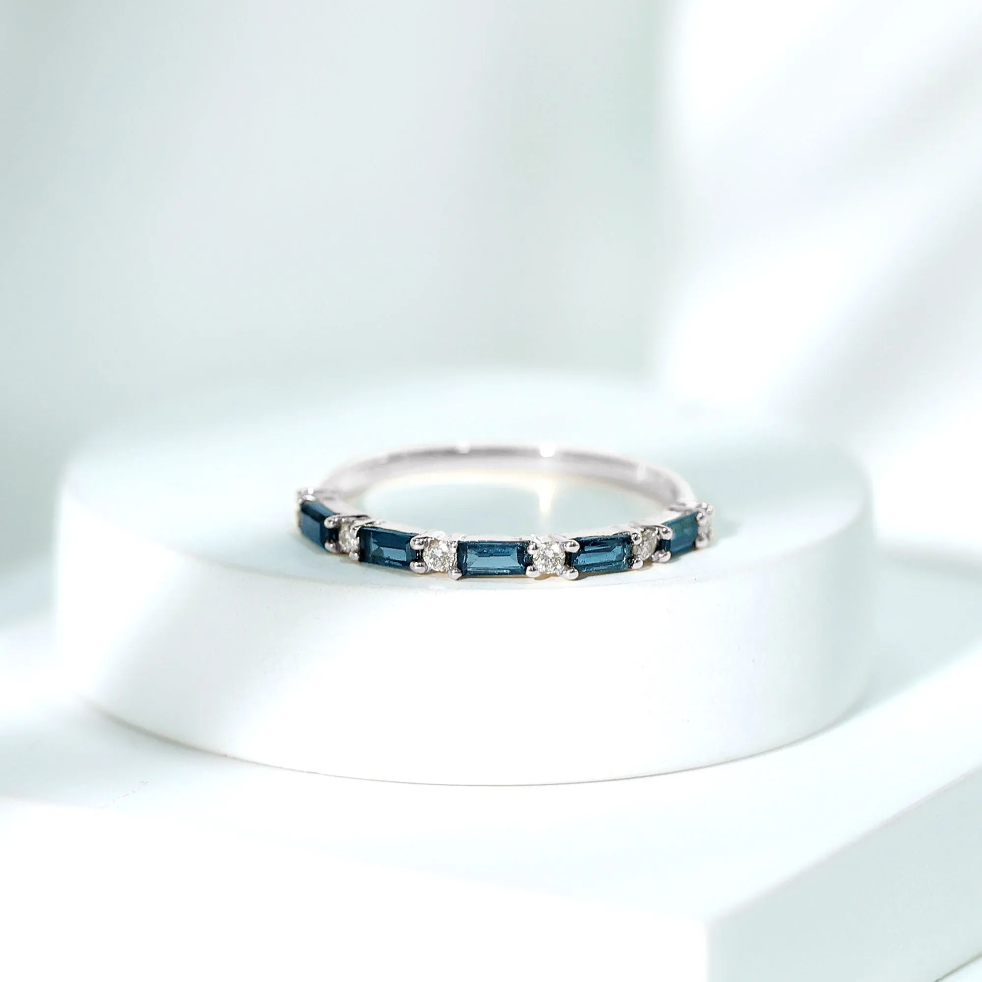 1/2 CT Baguette London Blue Topaz and Diamond Half Eternity Stackable Ring