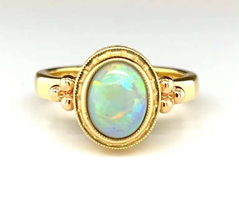 1.28 Carat Black Opal Cabochon Yellow Gold Bezel Set Handmade Dome Signet Ring