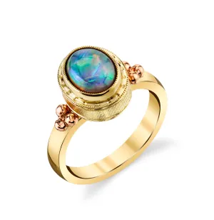 1.28 Carat Black Opal Cabochon Yellow Gold Bezel Set Handmade Dome Signet Ring