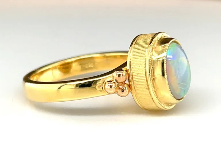 1.28 Carat Black Opal Cabochon Yellow Gold Bezel Set Handmade Dome Signet Ring