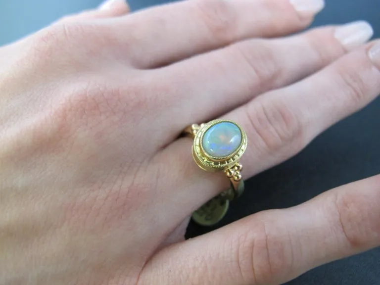 1.28 Carat Black Opal Cabochon Yellow Gold Bezel Set Handmade Dome Signet Ring