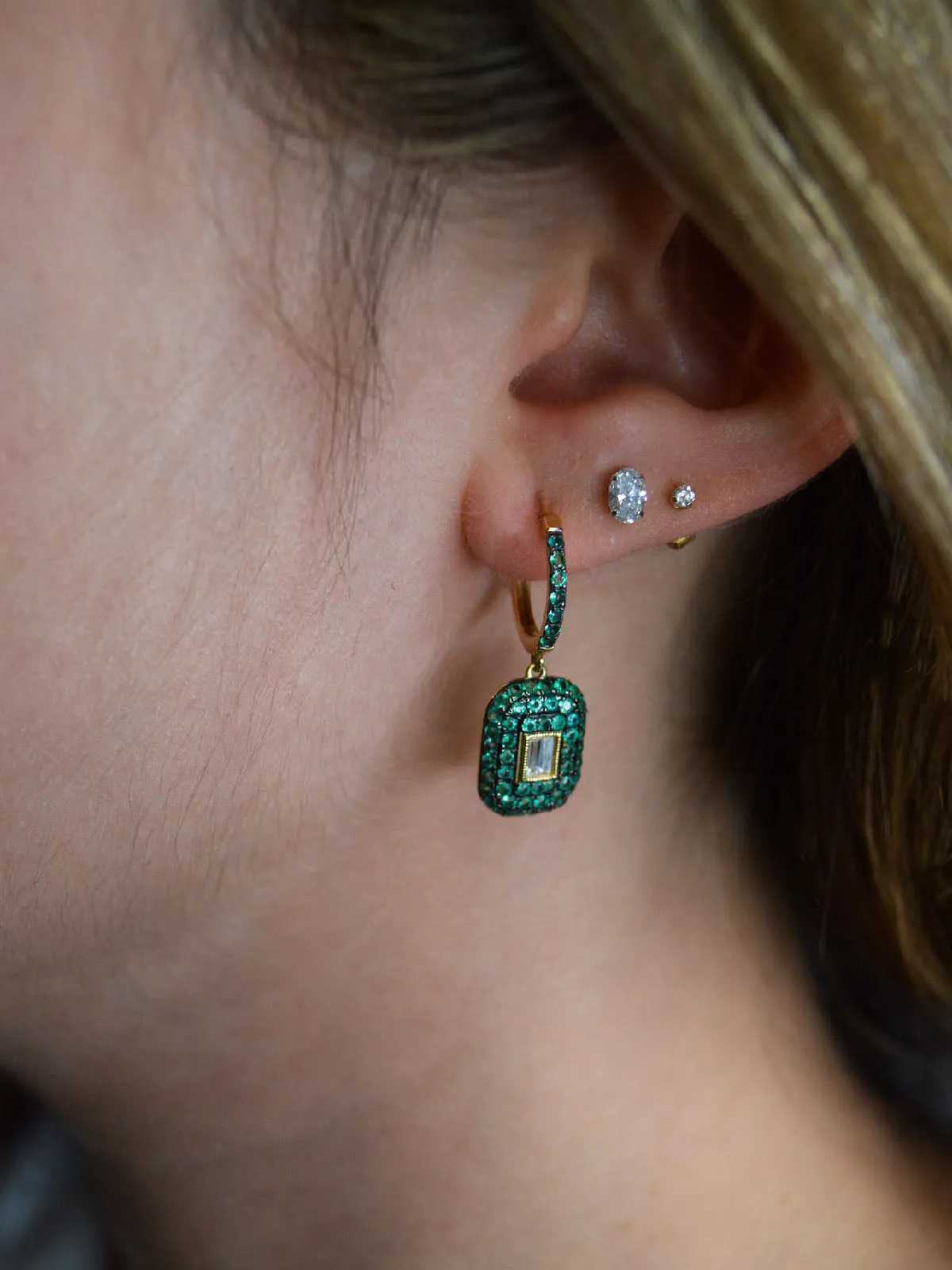 1.45ct Diamond Emerald 18K Gold Pave Round Baguette Drop Earrings