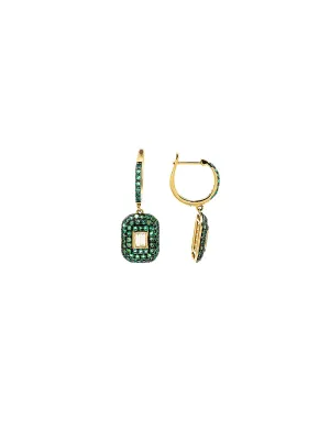 1.45ct Diamond Emerald 18K Gold Pave Round Baguette Drop Earrings
