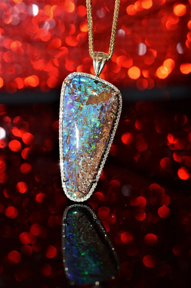 14K Freeform Boulder Opal and Diamond Pendant