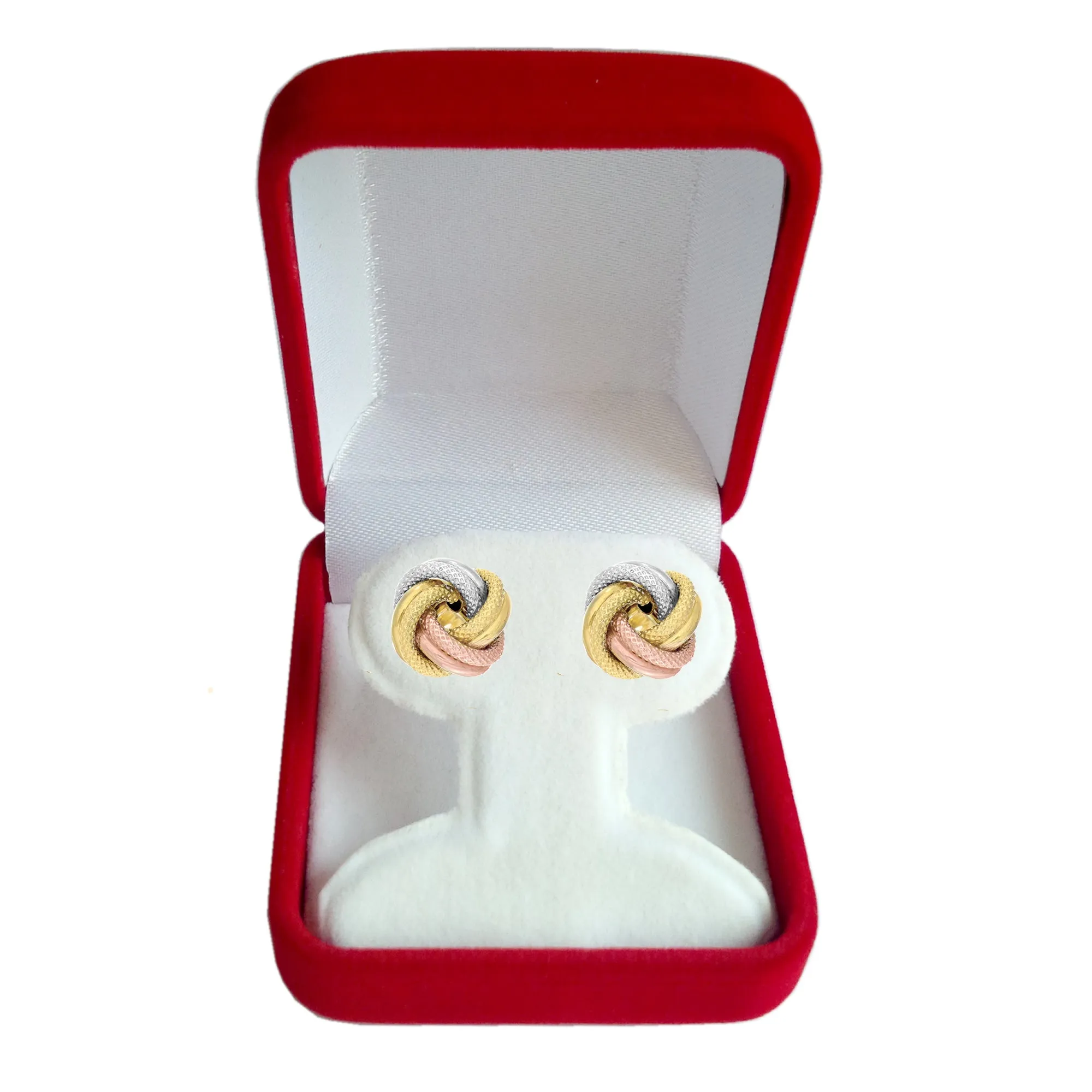14k Tricolor Textured And Shiny Love Knot Stud Earrings, 10mm