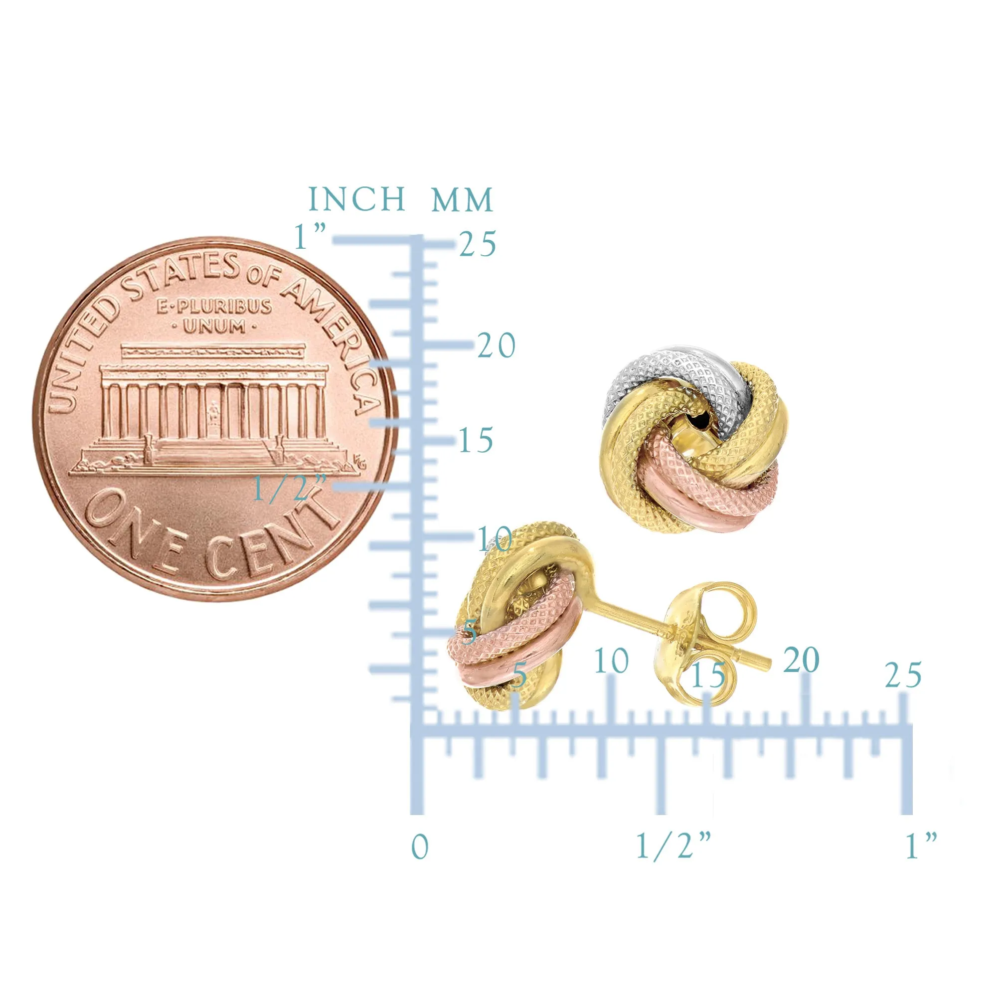 14k Tricolor Textured And Shiny Love Knot Stud Earrings, 10mm