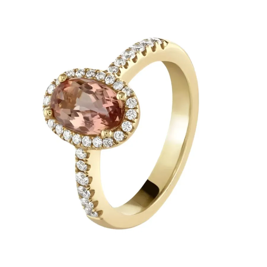 18ct Rose Gold Oval Cut Imperial Topaz & Diamond Halo Cluster Ring with Diamond Shoulders