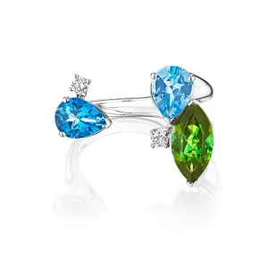 18k Amazonia (cocar) White Gold Ring With 0.13 Cts Vs-Gh Diamonds  And Tourmaline And Topaz