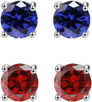 18k White Gold Plated 1Ct Created Blue sapphire and  Ruby 2 Pair Round Stud Earrings