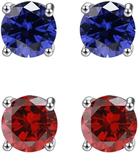18k White Gold Plated 1Ct Created Blue sapphire and  Ruby 2 Pair Round Stud Earrings