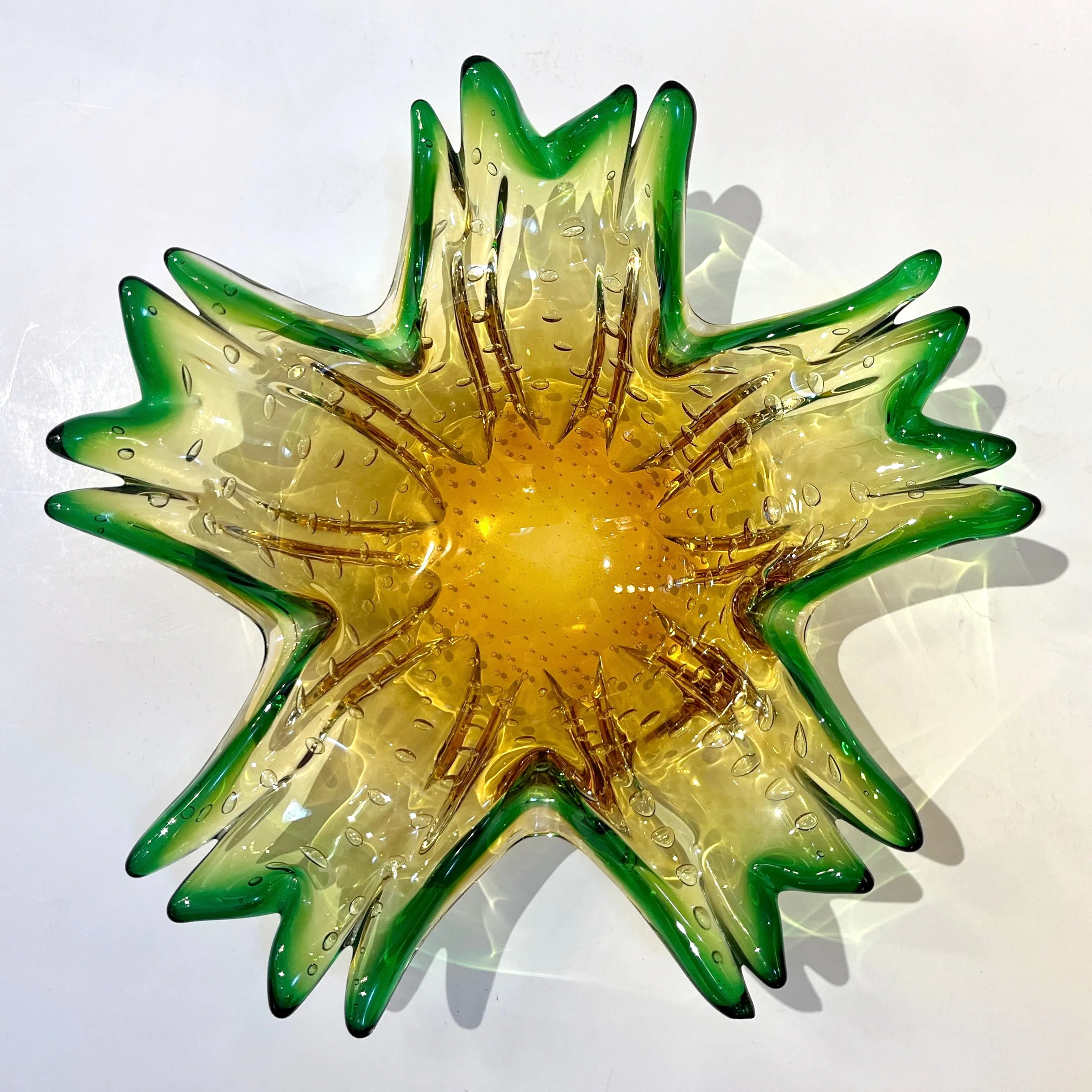 1970s Vintage Italian Green & Amber Murano Glass Star Shaped Bowl /Vide-Poche