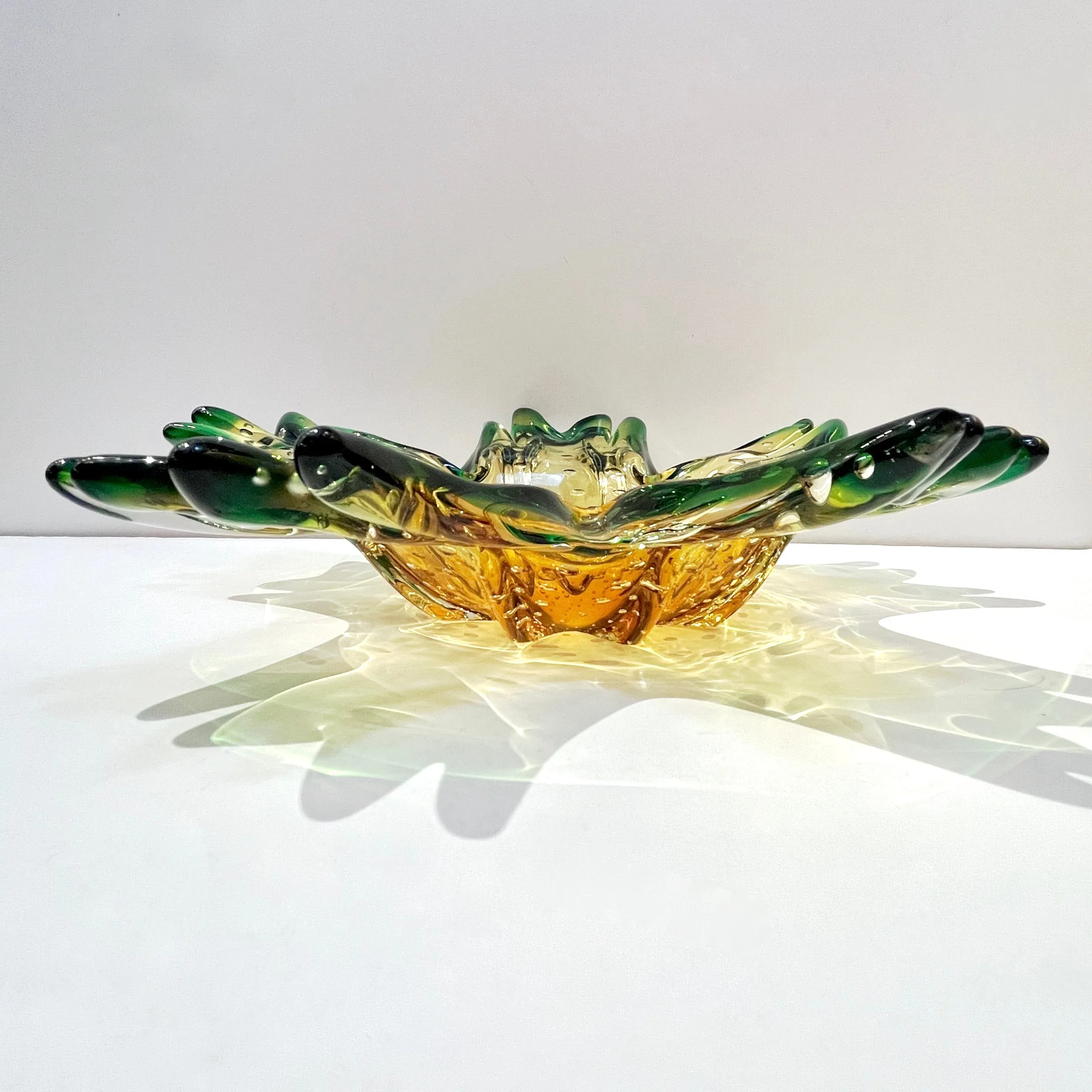 1970s Vintage Italian Green & Amber Murano Glass Star Shaped Bowl /Vide-Poche
