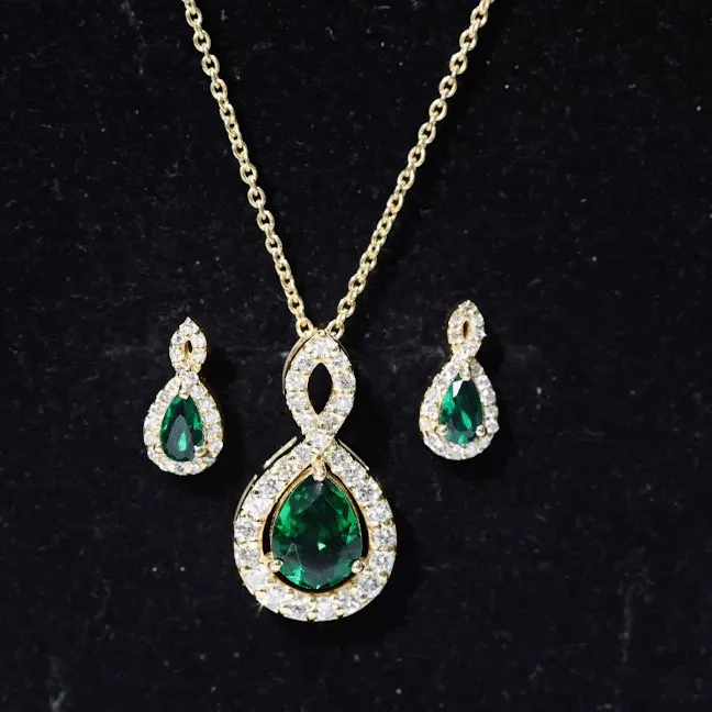 2.25 CT Certified Created Emerald Teardrop Infinity jewelry Set with Diamond Accent