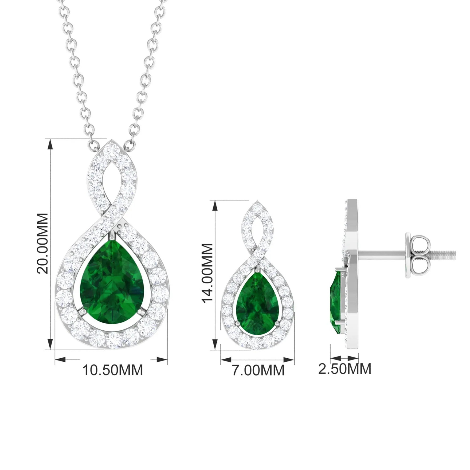 2.25 CT Certified Created Emerald Teardrop Infinity jewelry Set with Diamond Accent