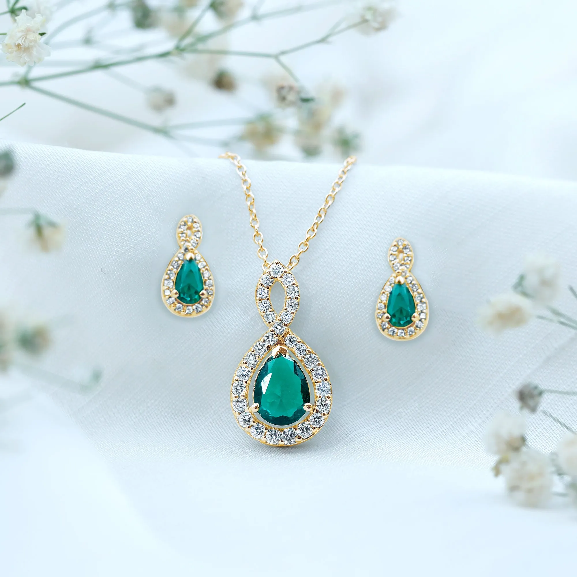 2.25 CT Certified Created Emerald Teardrop Infinity jewelry Set with Diamond Accent