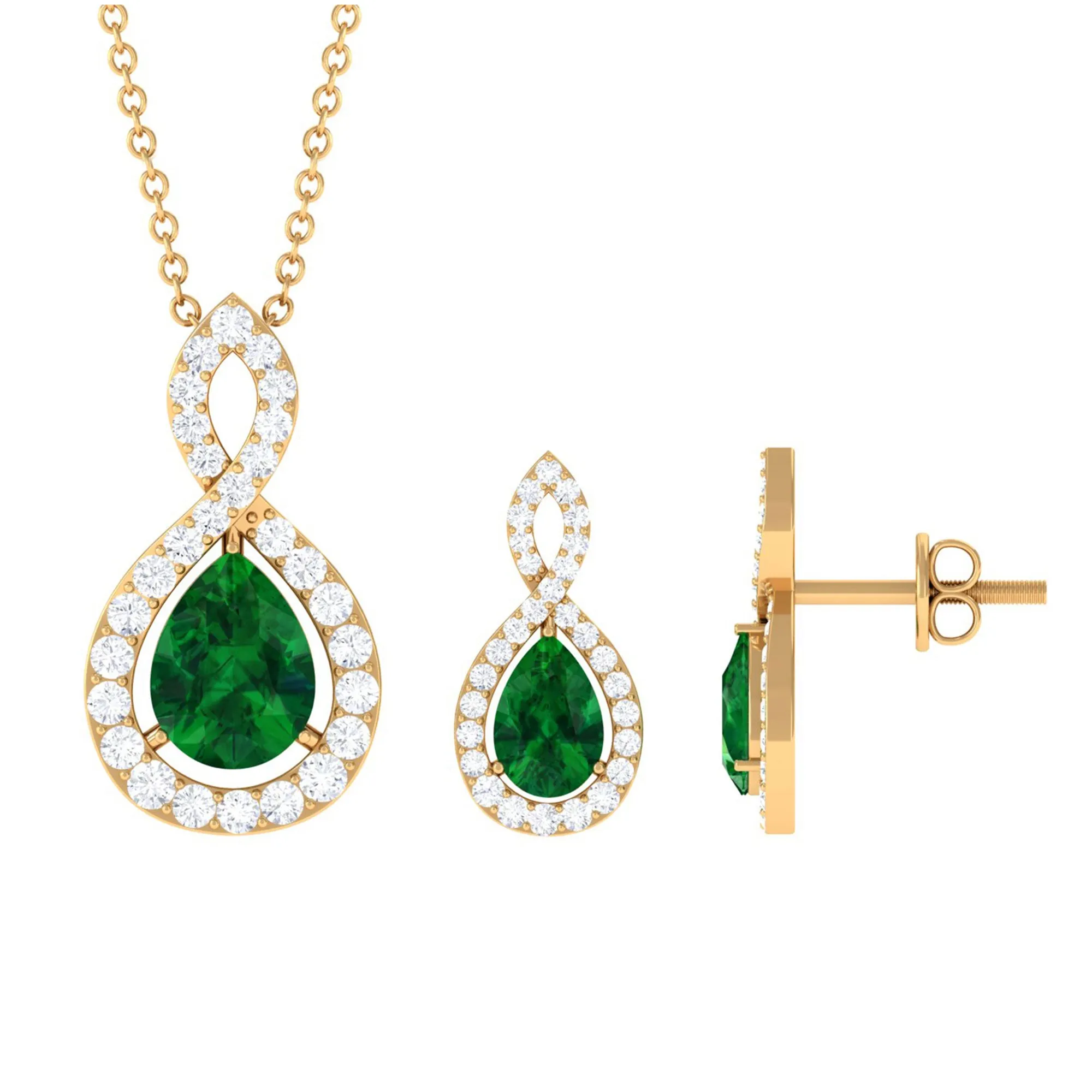 2.25 CT Certified Created Emerald Teardrop Infinity jewelry Set with Diamond Accent