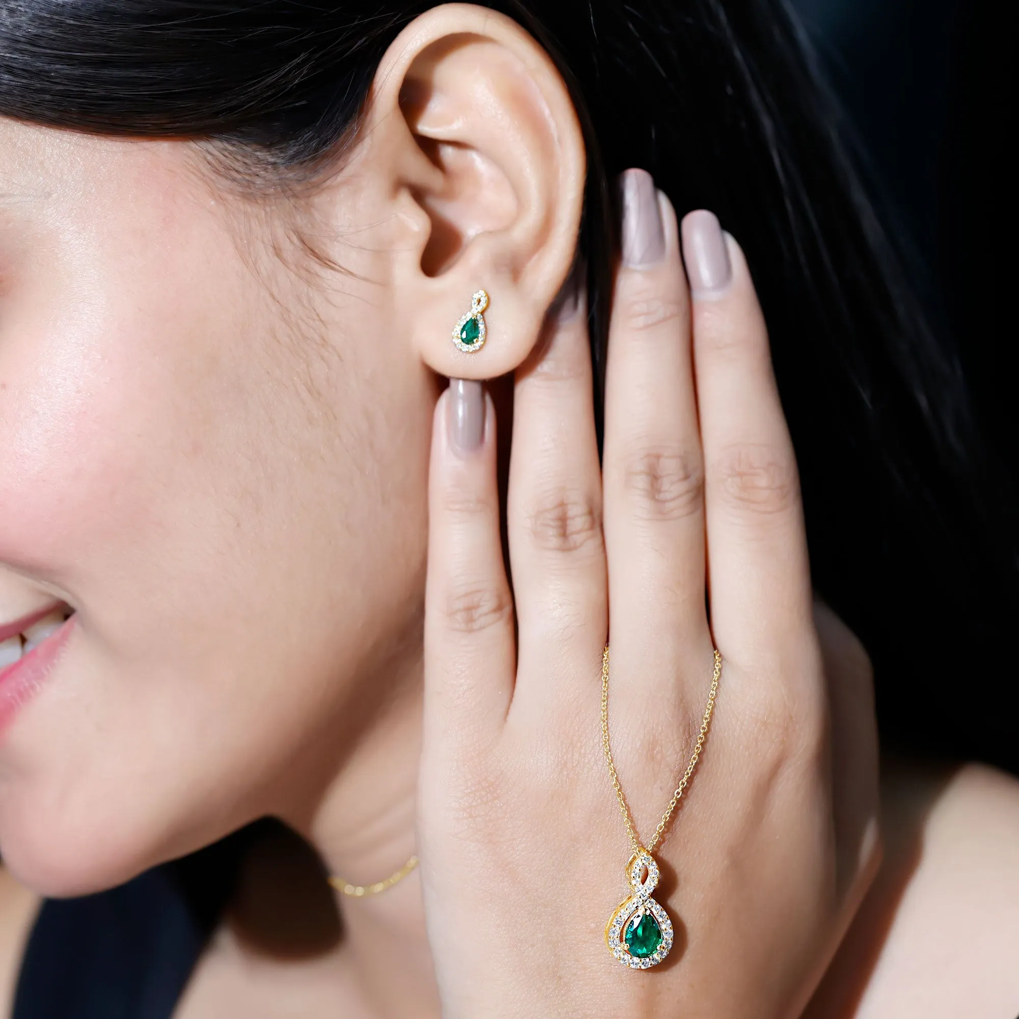 2.25 CT Certified Created Emerald Teardrop Infinity jewelry Set with Diamond Accent