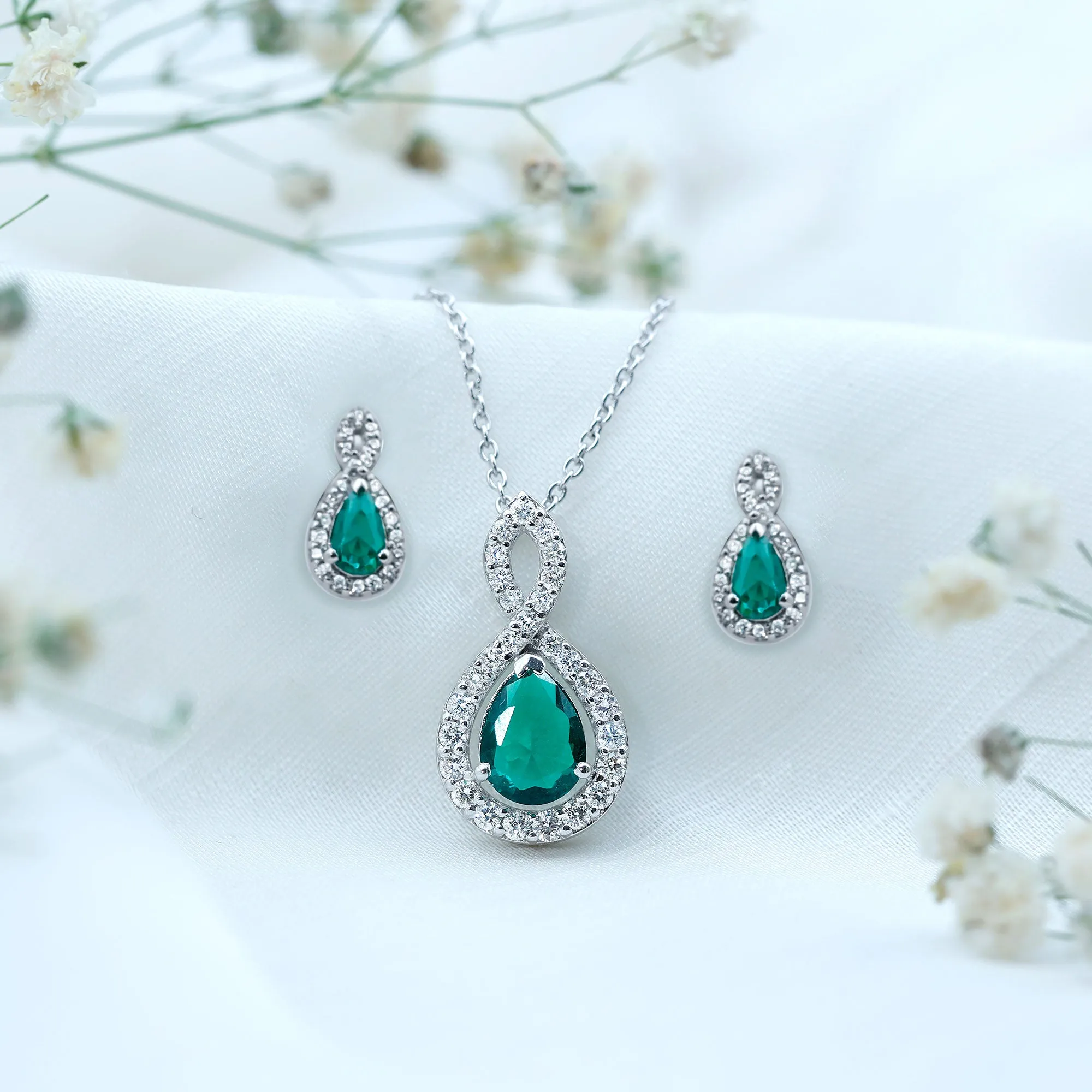 2.25 CT Certified Created Emerald Teardrop Infinity jewelry Set with Diamond Accent