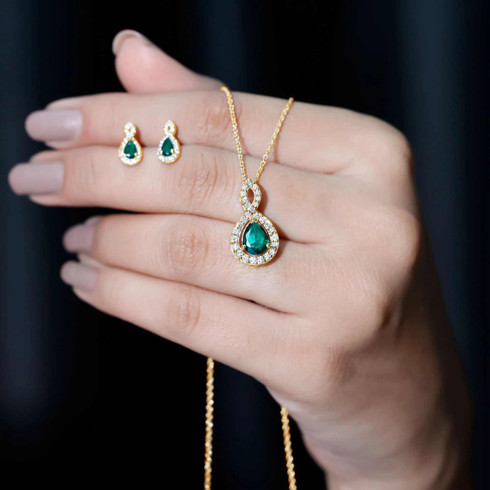 2.25 CT Certified Created Emerald Teardrop Infinity jewelry Set with Diamond Accent
