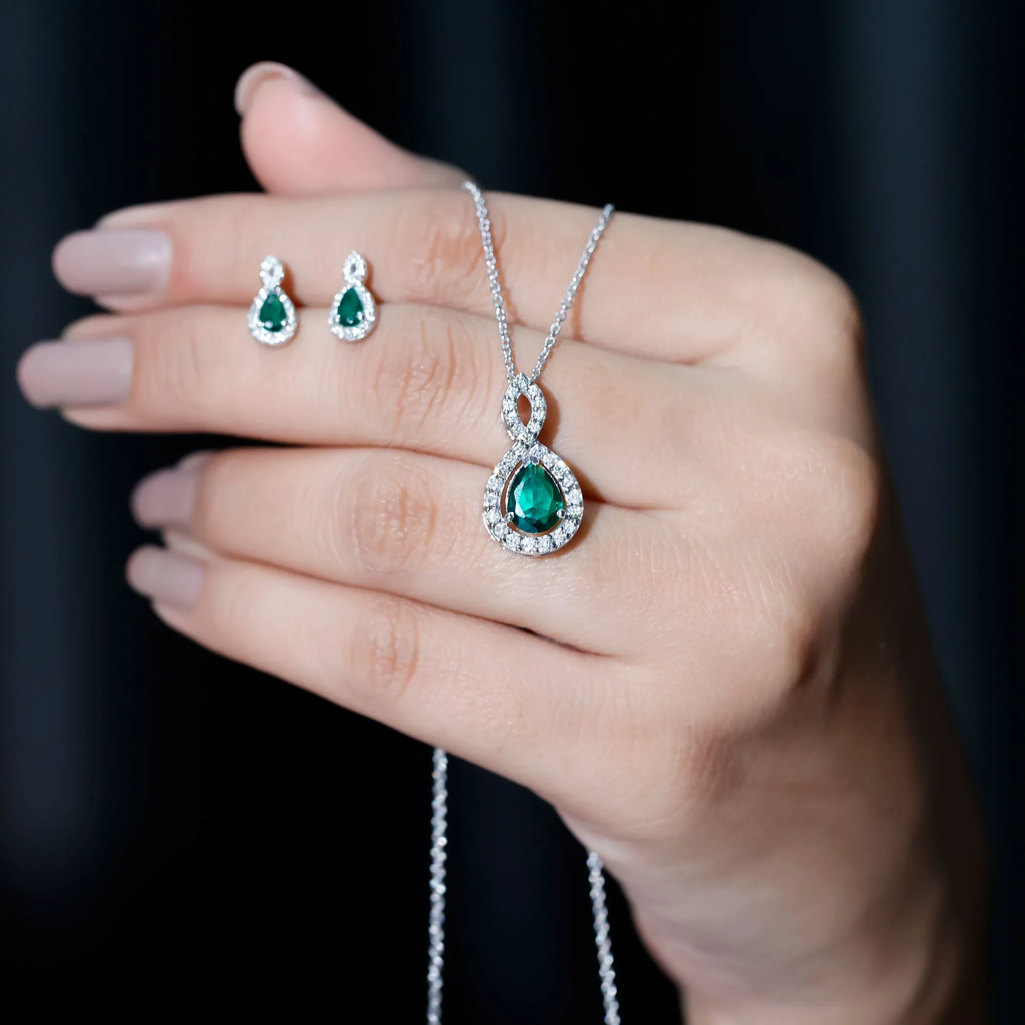 2.25 CT Certified Created Emerald Teardrop Infinity jewelry Set with Diamond Accent