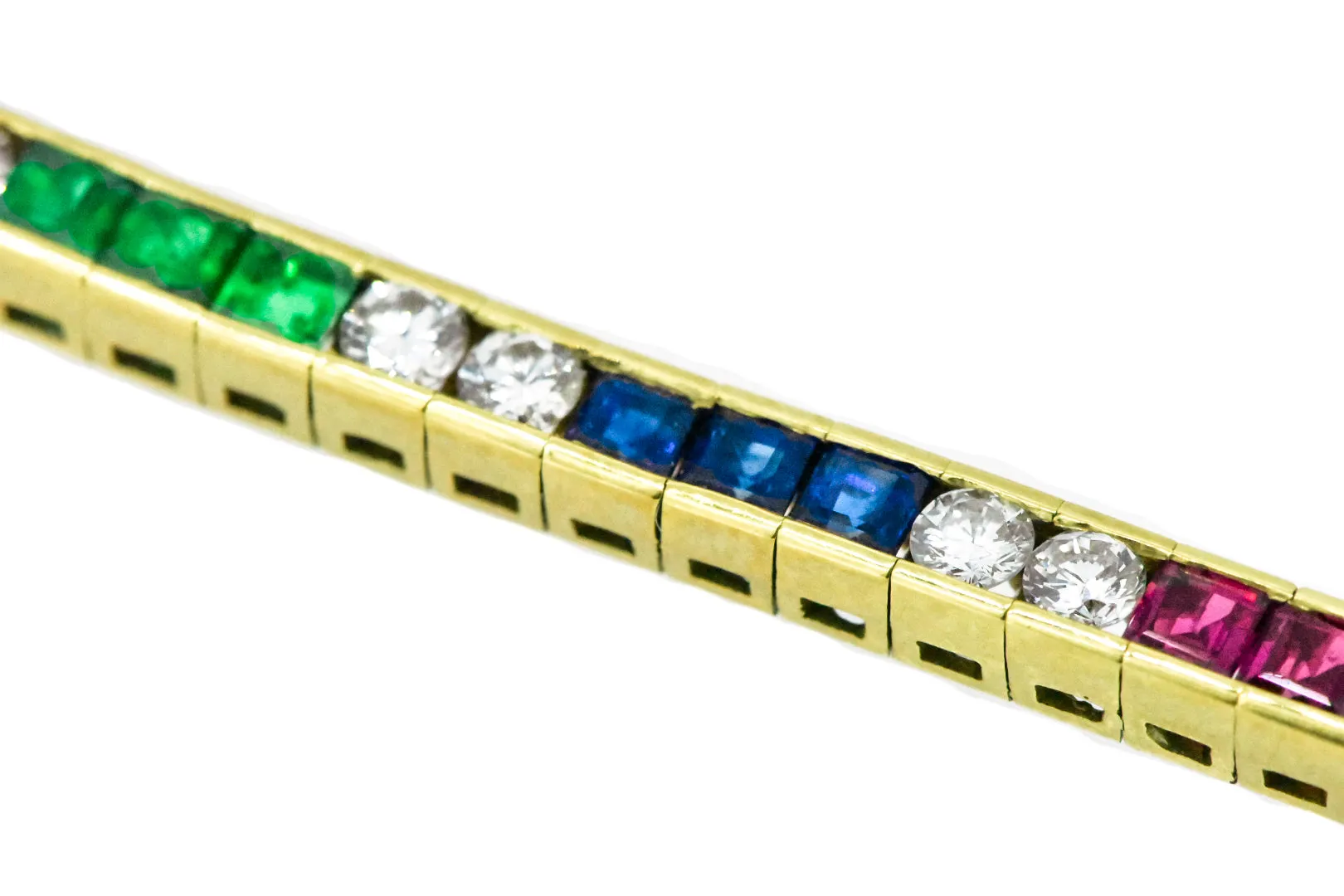 7.125" 18K Yellow Diamond, Ruby, Emerald, and Sapphire Rainbow Tennis Bracelet