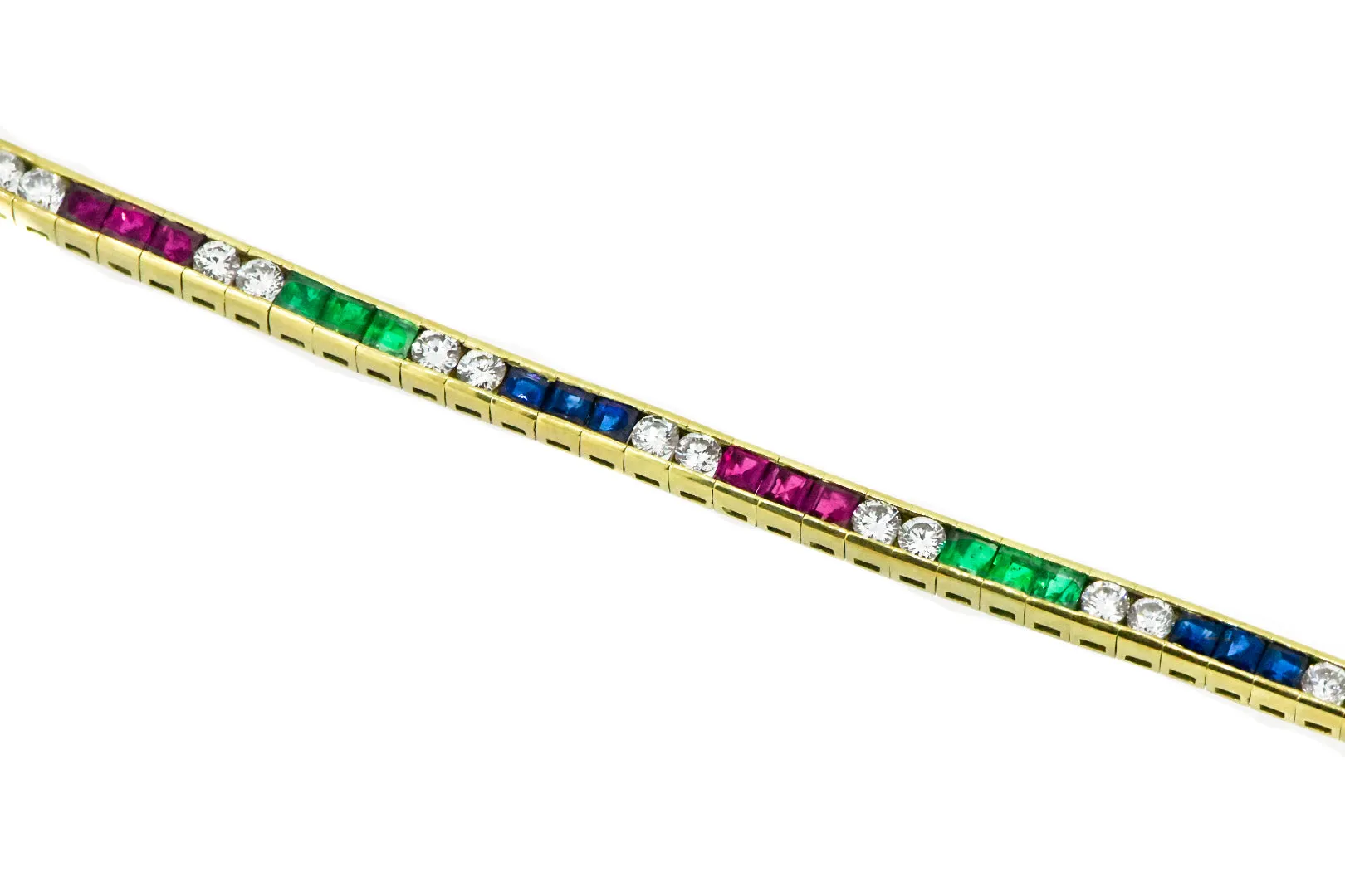 7.125" 18K Yellow Diamond, Ruby, Emerald, and Sapphire Rainbow Tennis Bracelet