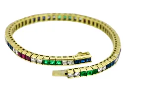 7.125" 18K Yellow Diamond, Ruby, Emerald, and Sapphire Rainbow Tennis Bracelet
