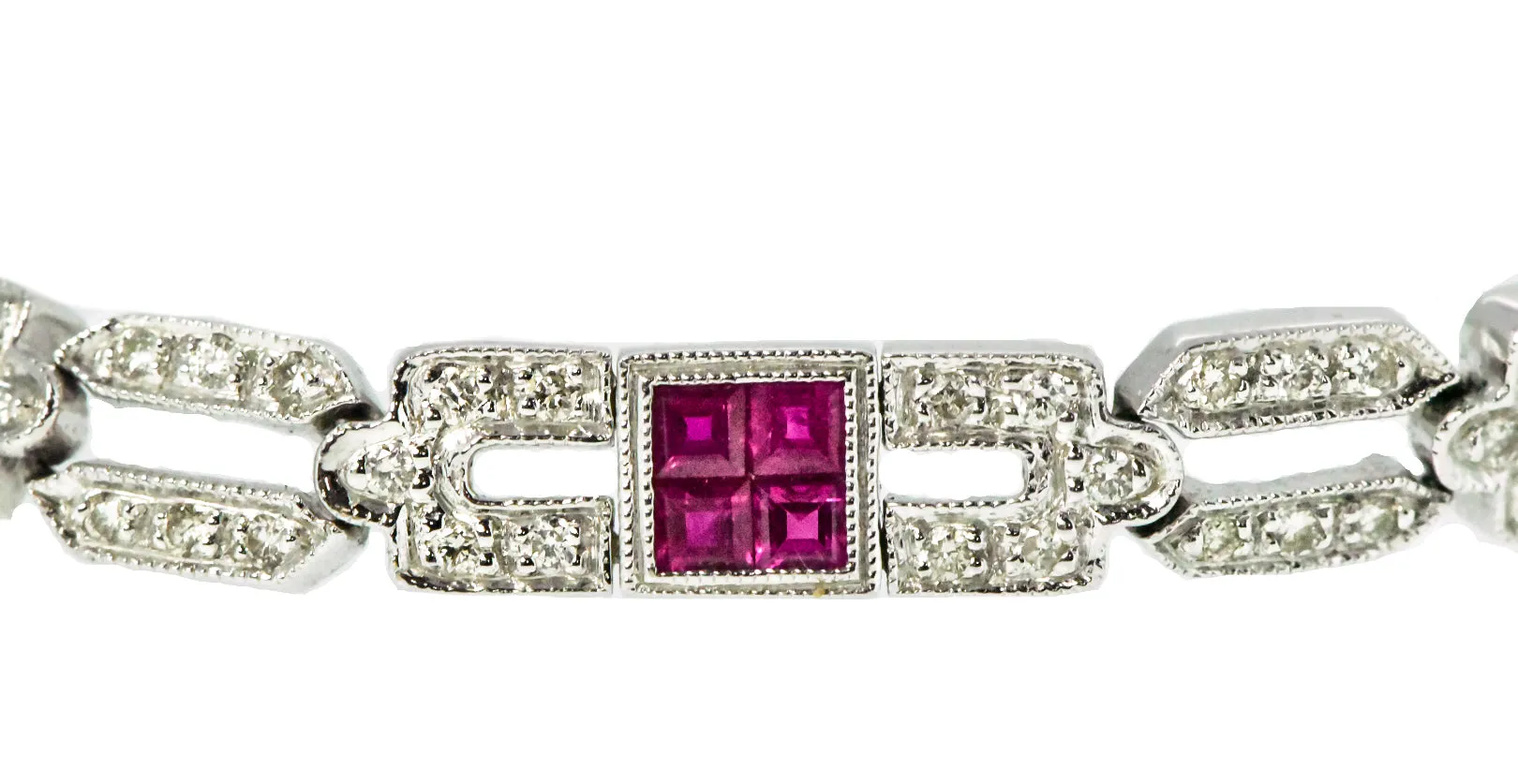 7.25" 14K White Gold Diamond and Ruby Milgrain Bracelet