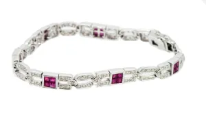7.25" 14K White Gold Diamond and Ruby Milgrain Bracelet