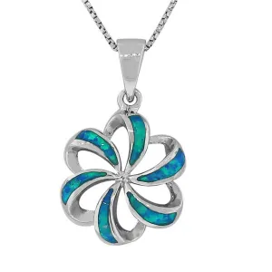 925 Sterling Silver Blue Turquoise-Tone Simulated Opal Flower Pendant Necklace