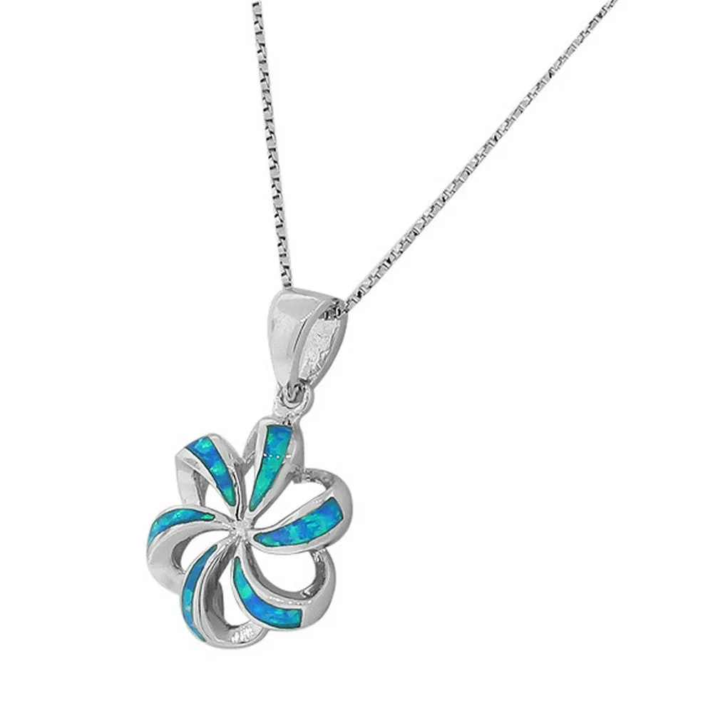 925 Sterling Silver Blue Turquoise-Tone Simulated Opal Flower Pendant Necklace