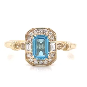 9ct Yellow Gold Blue Topaz & Diamond & White Sapphire Halo