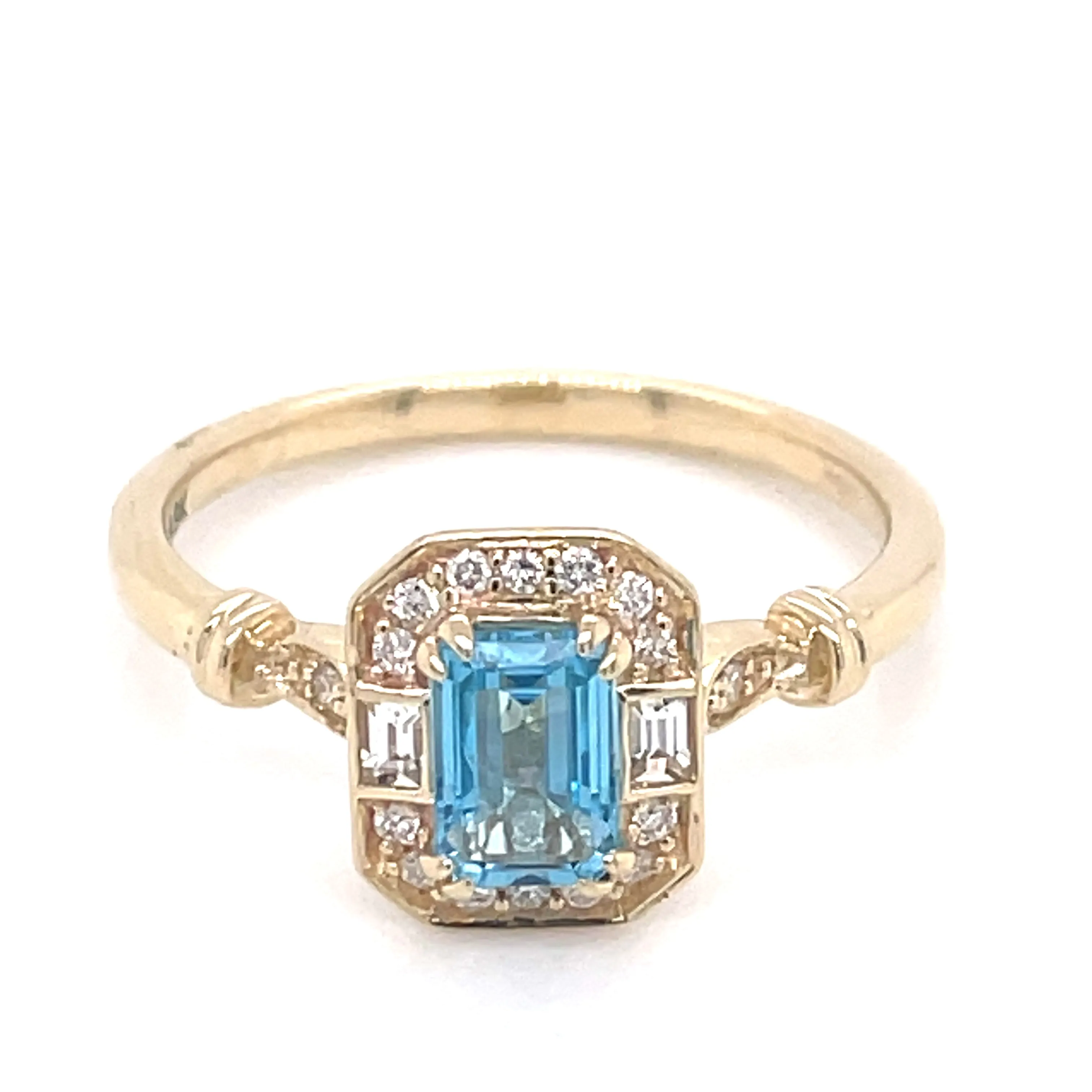 9ct Yellow Gold Blue Topaz & Diamond & White Sapphire Halo