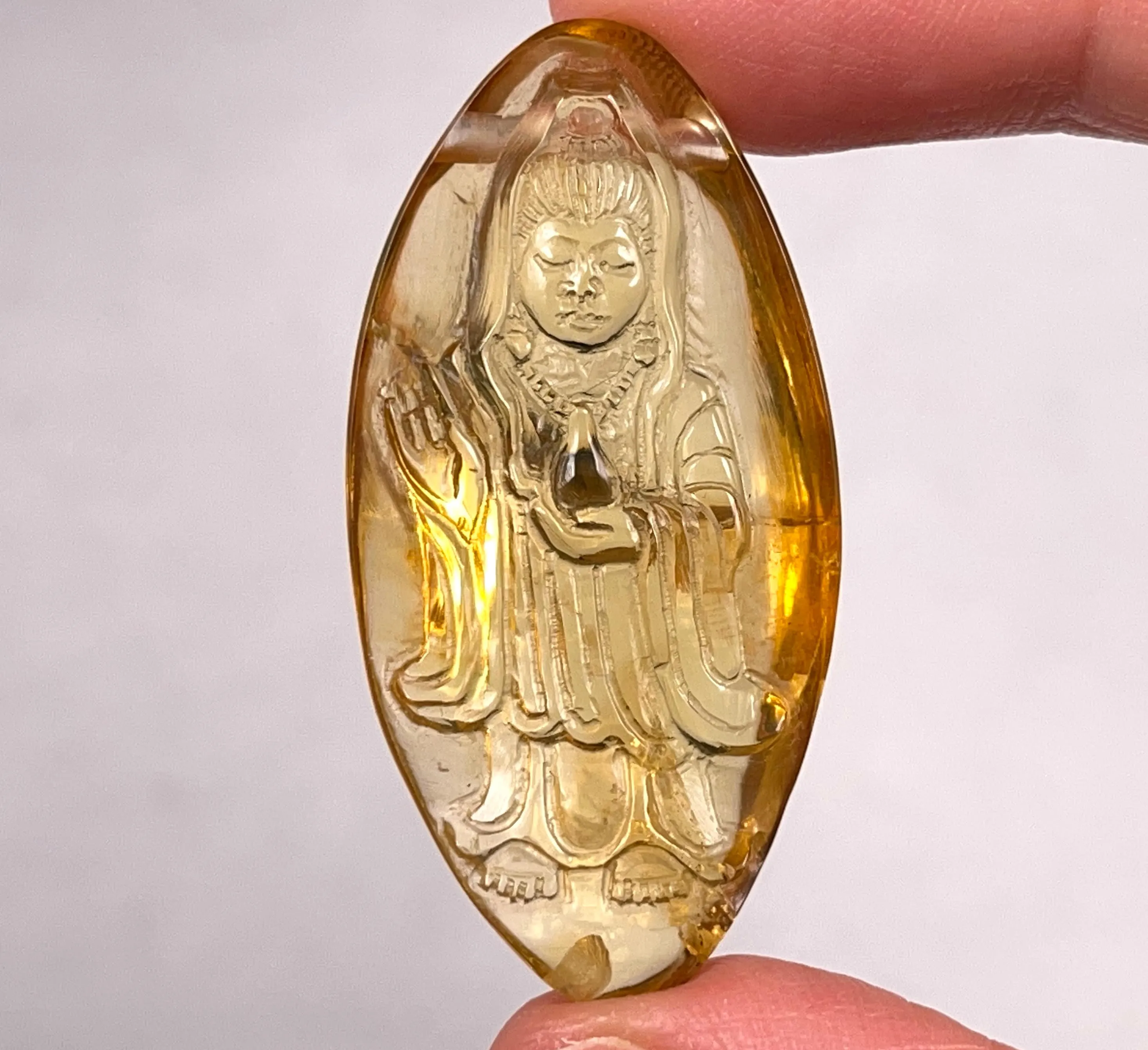 AMBER Crystal Kuan Yin - Crystal Carving, Housewarming Gift, Home Decor, Healing Crystals and Stones, 52683
