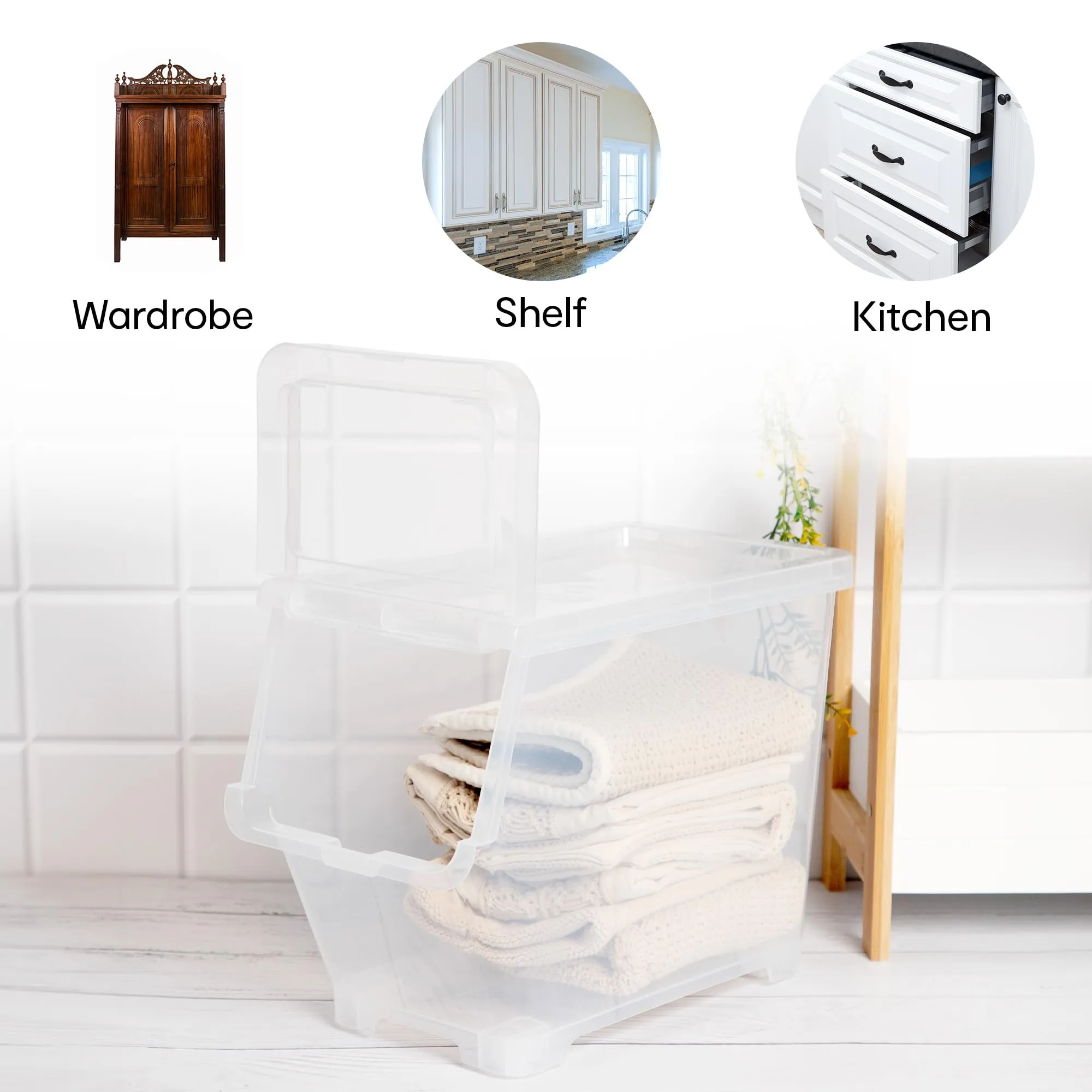 Anko Rectangular Multipurpose Plastic Storage Container with Wheels - 12L | Stackable Movable Organizer for Kitchen, Bedroom, Kids Room, Wardrobe with Removable Lid | BPA Free | Clear, 40 x 31 x 22cm