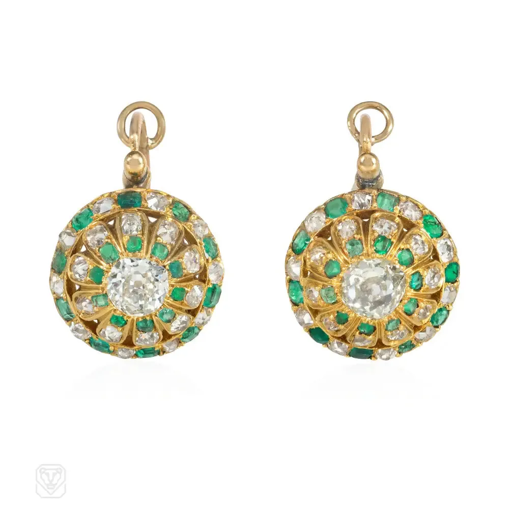 Antique gold, diamond, and emerald dormeuse earrings