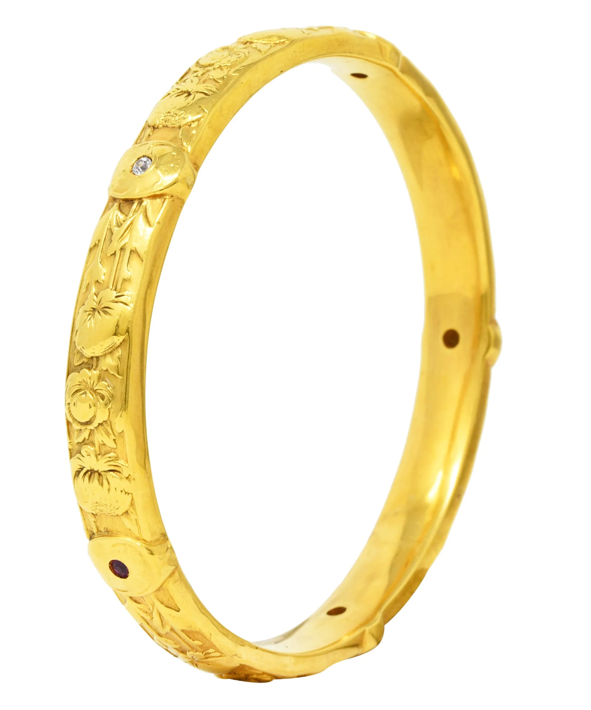 Art Nouveau Diamond Ruby 18 Karat Yellow Gold Floral Peony Antique Bangle Bracelet