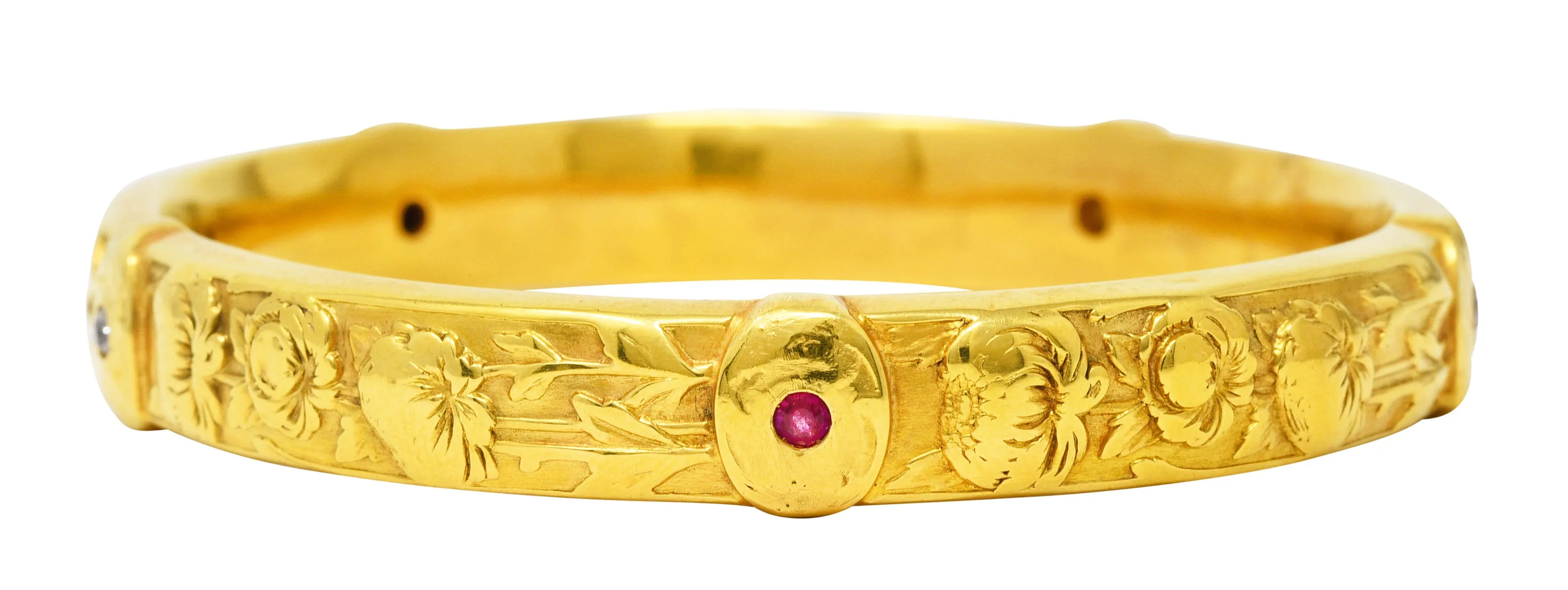 Art Nouveau Diamond Ruby 18 Karat Yellow Gold Floral Peony Antique Bangle Bracelet