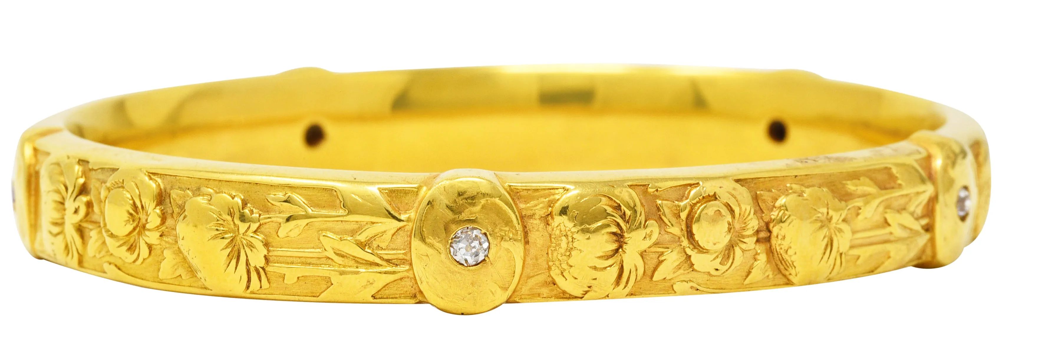 Art Nouveau Diamond Ruby 18 Karat Yellow Gold Floral Peony Antique Bangle Bracelet