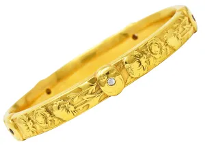 Art Nouveau Diamond Ruby 18 Karat Yellow Gold Floral Peony Antique Bangle Bracelet